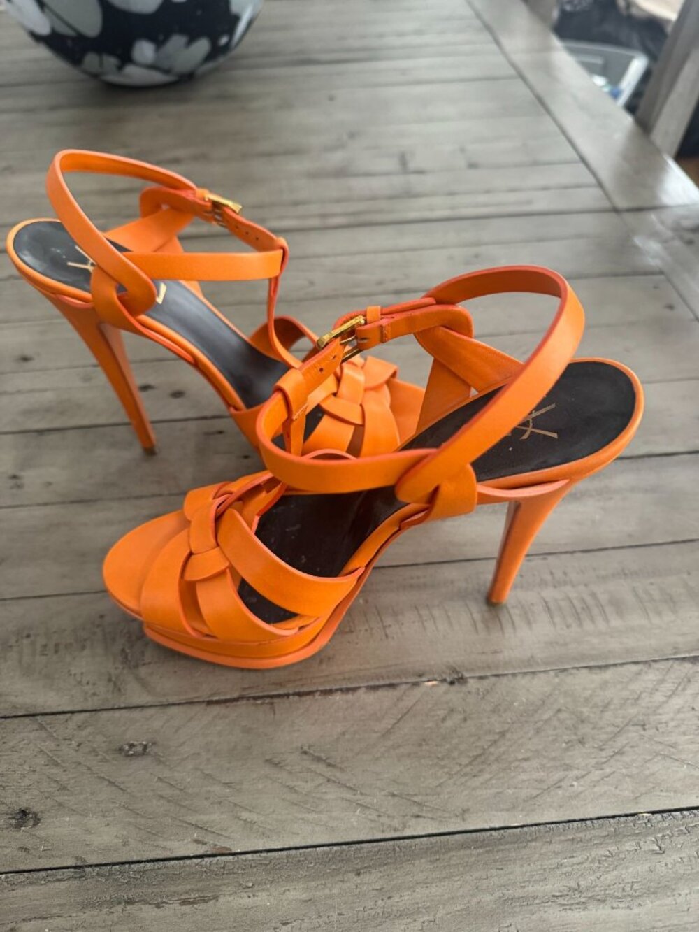 YSL Saint Laurent Paris Orange Leather Tribute Platform Sandals Heels Size 38.5 - Picture 7 of 8
